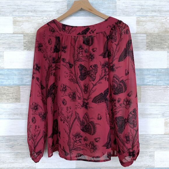 LOFT Floral Butterfly Peasant Blouse Pink Sheer Tie Neck Keyhole Womens Medium - Picture 7 of 10